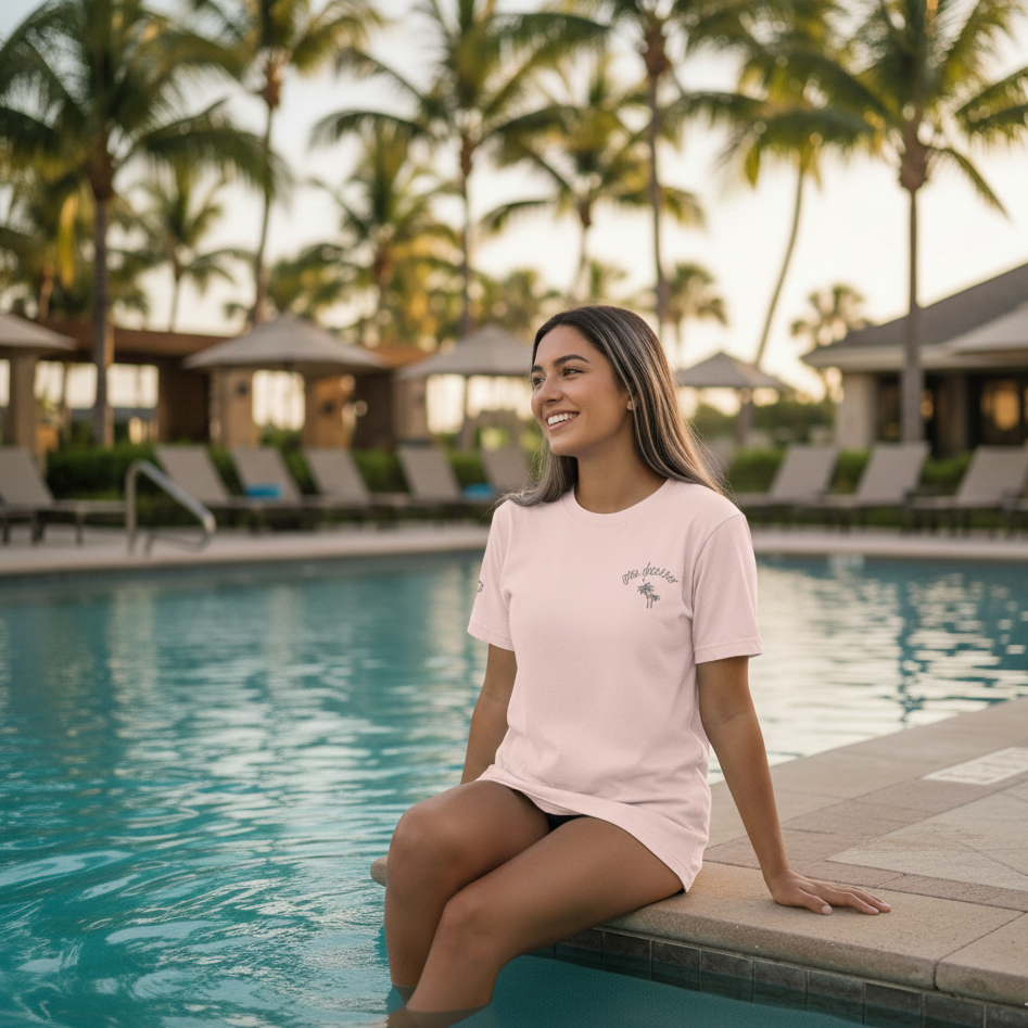 Woman in a pink t-shirt sitting by a pool with palm trees in the background